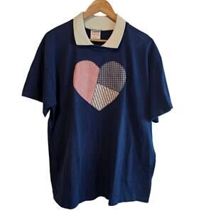 Vintage Heart T-Shirt Womens XL Blue Patchwork 90s Cottage Granny Collar Preppy